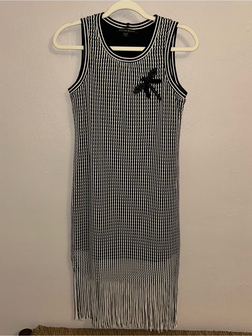 Boston Proper Black and White Fringe Midi Tank Dress